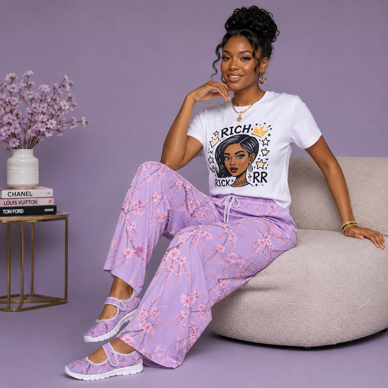 Woman wearing pink cherry blossom Mary Jane shoes with a coordinated floral outfit